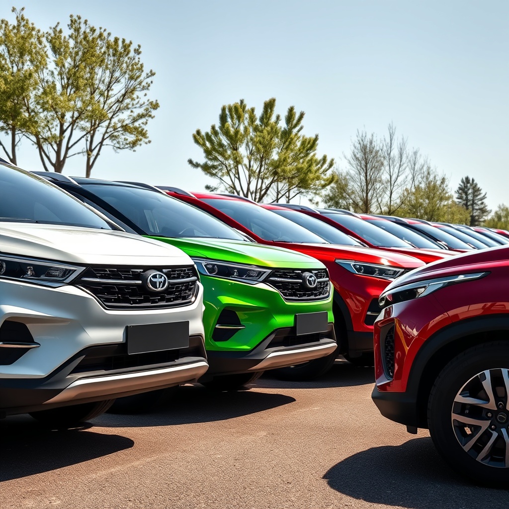 A sleek lineup of compact SUVs parked in a row under bright sunlight, showcasing their modern designs and vibrant colors, with a focus on utility and style.