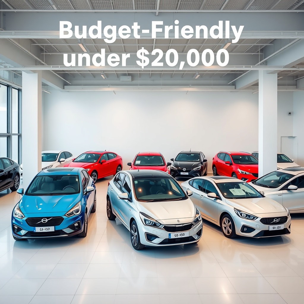 A diverse selection of budget-friendly cars under $20,000 displayed in a showroom, highlighting their affordability and value with a clean, professional backdrop.