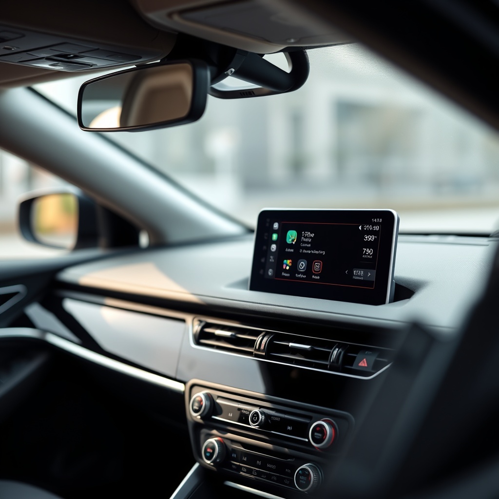 A close-up of a car's dashboard and infotainment system in use, emphasizing technology and connectivity features with a sleek, modern interior design.