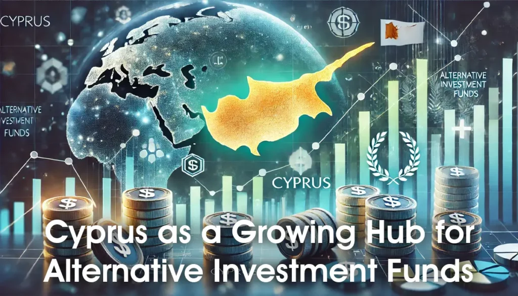 A map highlighting Cyprus with financial symbols and elements of the Cypriot flag, representing Cyprus as a growing hub for alternative investment funds.