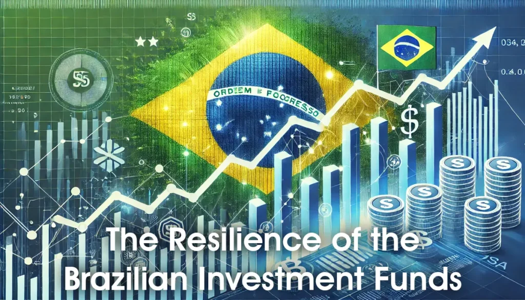 A graph showing upward trends with elements of the Brazilian flag and financial symbols, representing the Brazilian investment funds industry.