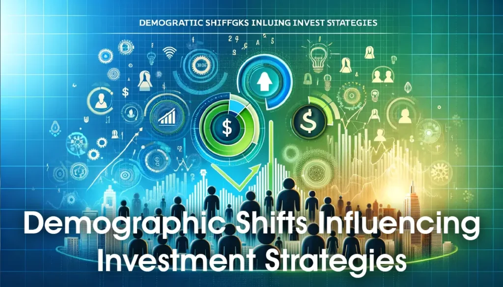 Diverse population icons, financial symbols, and a graph highlighting demographic trends, representing demographic shifts influencing investment strategies.