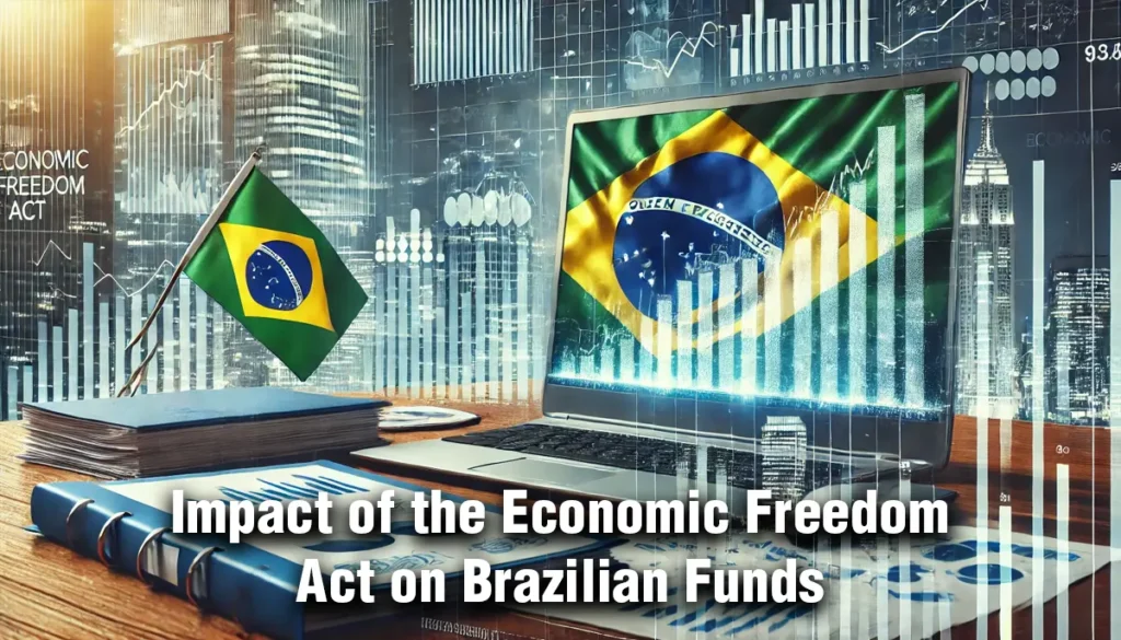 A business scene in Brazil with a financial chart on a screen, documents, and a Brazilian flag on a desk, representing the impact of the Economic Freedom Act on Brazilian funds.
