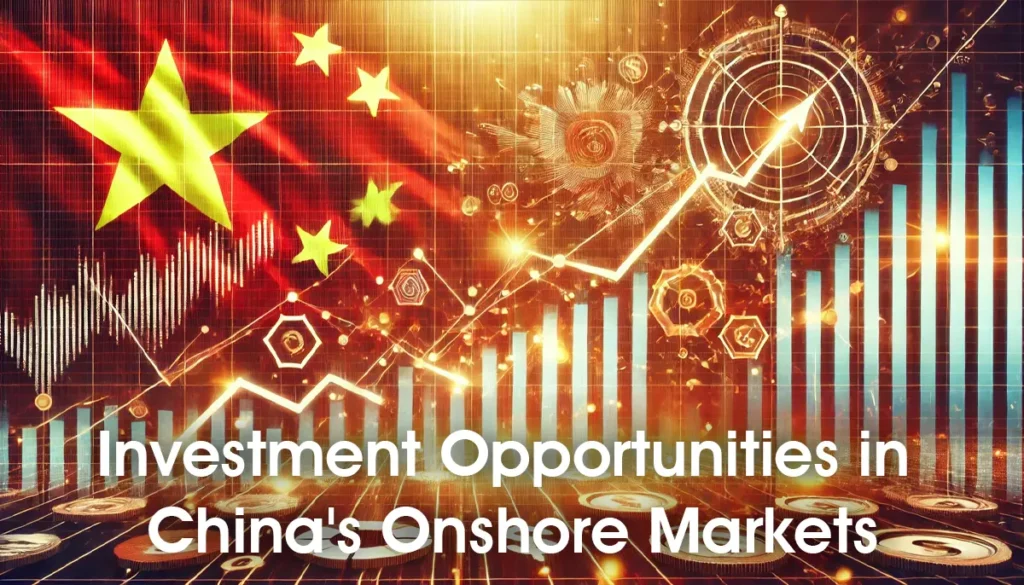 A graph showing upward trends with financial symbols and elements of the Chinese flag, representing investment opportunities in China's onshore markets.