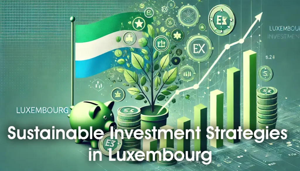 Green financial symbols, elements of the Luxembourg flag, and a graph highlighting growth trends in sustainable investments, representing sustainable investment strategies in Luxembourg.