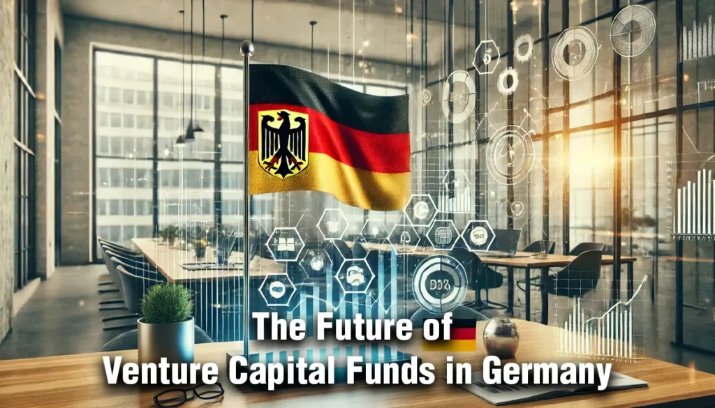 A modern business environment in Germany with financial charts, a German flag on a desk, and symbols representing venture capital funds, illustrating the future of the sector.
