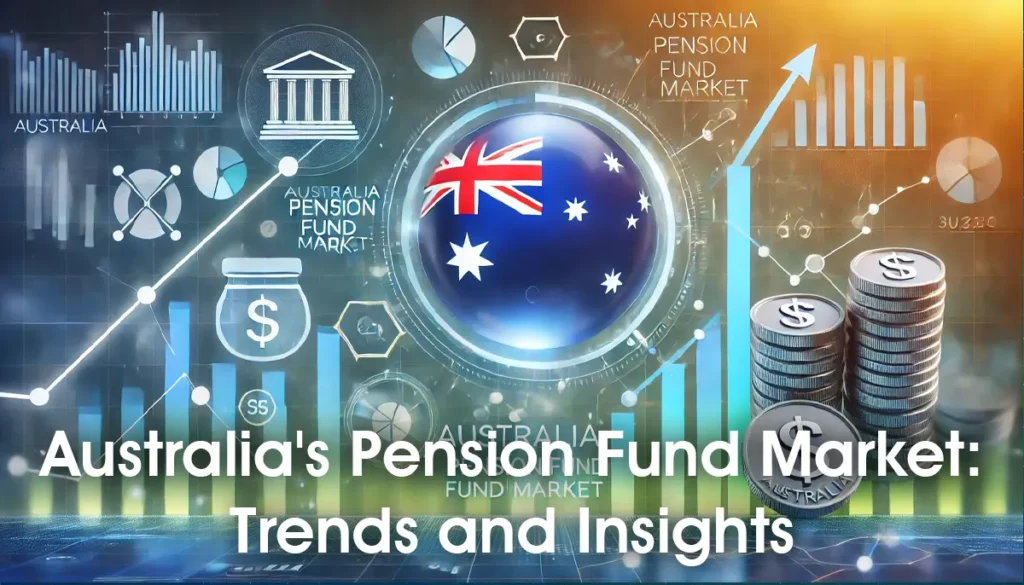 Financial symbols, elements of the Australian flag, and a graph highlighting market trends, representing Australia's pension fund market.