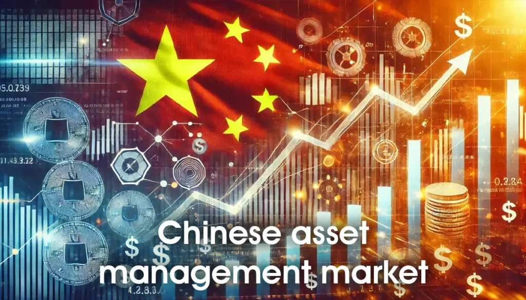 A graph highlighting growth trends with financial symbols and elements of the Chinese flag, representing the Chinese asset management market.