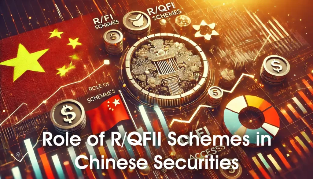 A graph showing increased market access with financial symbols and elements of the Chinese flag, representing the role of R/QFII schemes in Chinese securities.