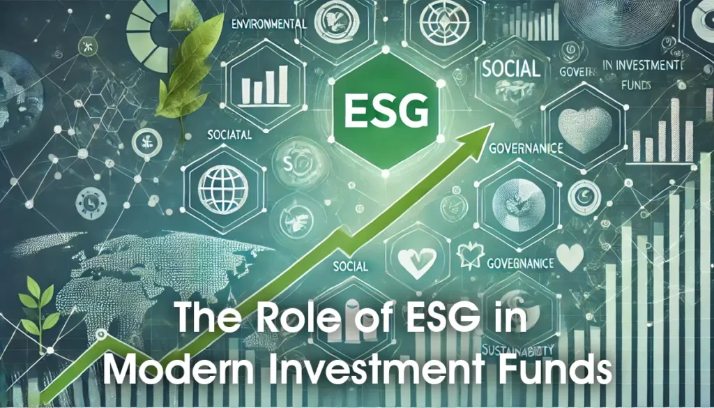 ESG icons (environmental, social, governance) integrated with financial symbols, a green upward-trending graph, and elements of sustainability, representing the role of ESG in modern investment funds.