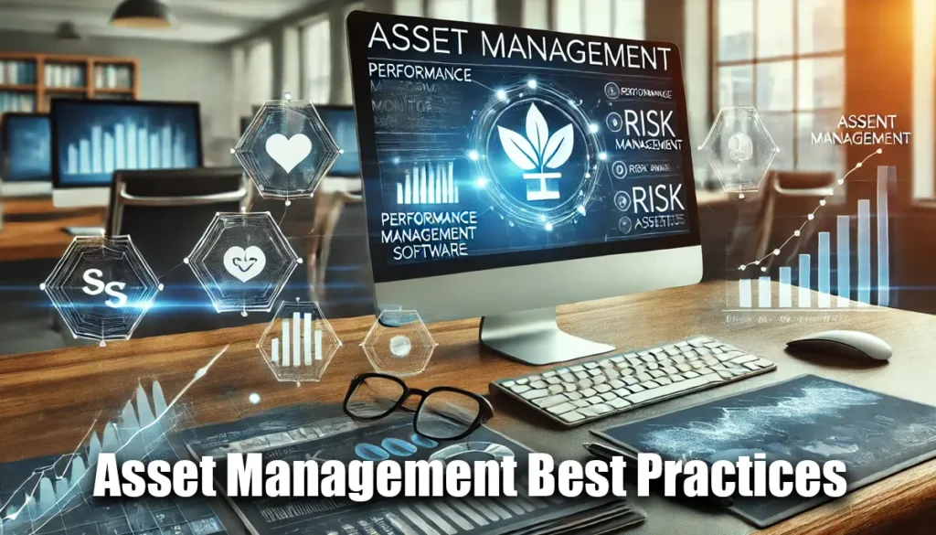 A computer displaying performance monitoring software, documents with risk management data, and symbols representing financial assets in a modern office.