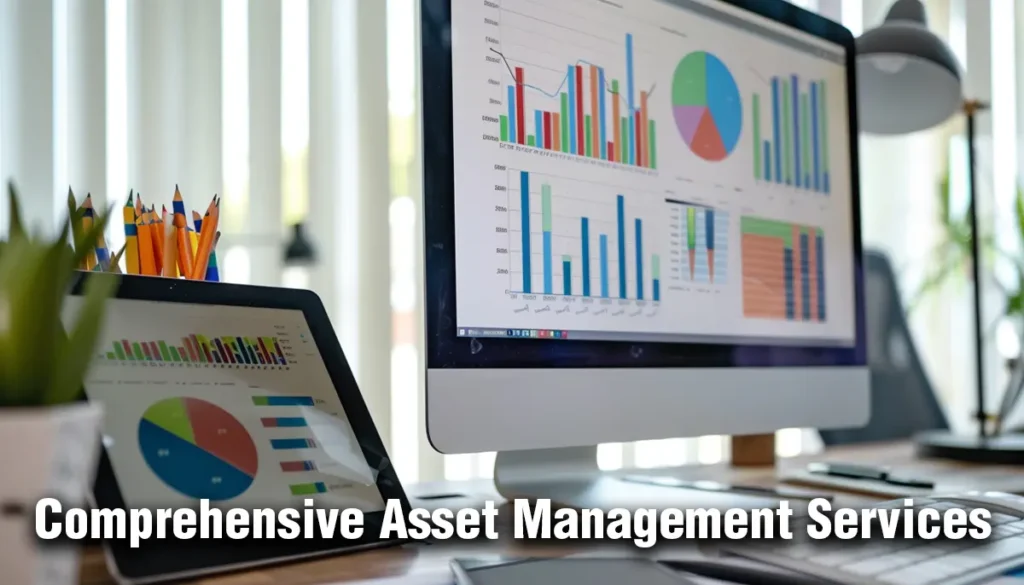 A computer displaying portfolio management software, a tablet with financial charts, and financial documents on a desk, symbolising comprehensive asset management services.