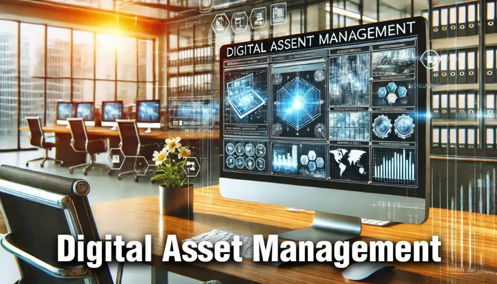 A computer screen displaying a digital asset management system with organised documents and images, symbolising efficient content storage and workflow.