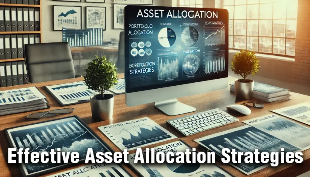 A computer displaying portfolio allocation software, financial charts, and documents showing diversification strategies, symbolising asset allocation strategies.