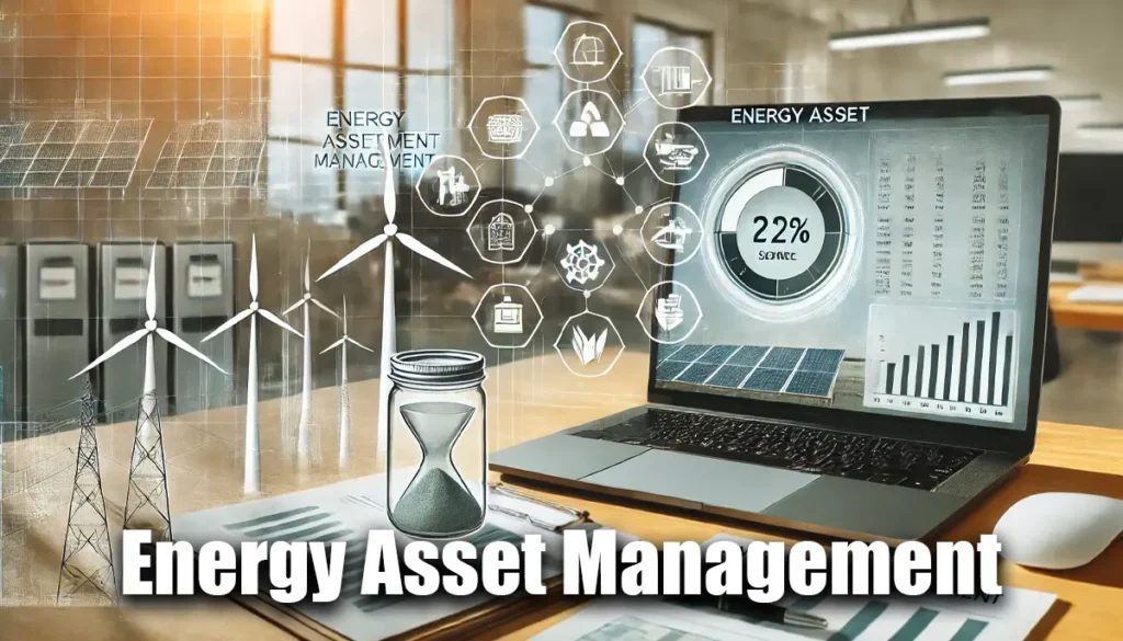 A computer displaying energy management software, energy consumption data, and symbols of energy assets like wind turbines or solar panels in a modern office.