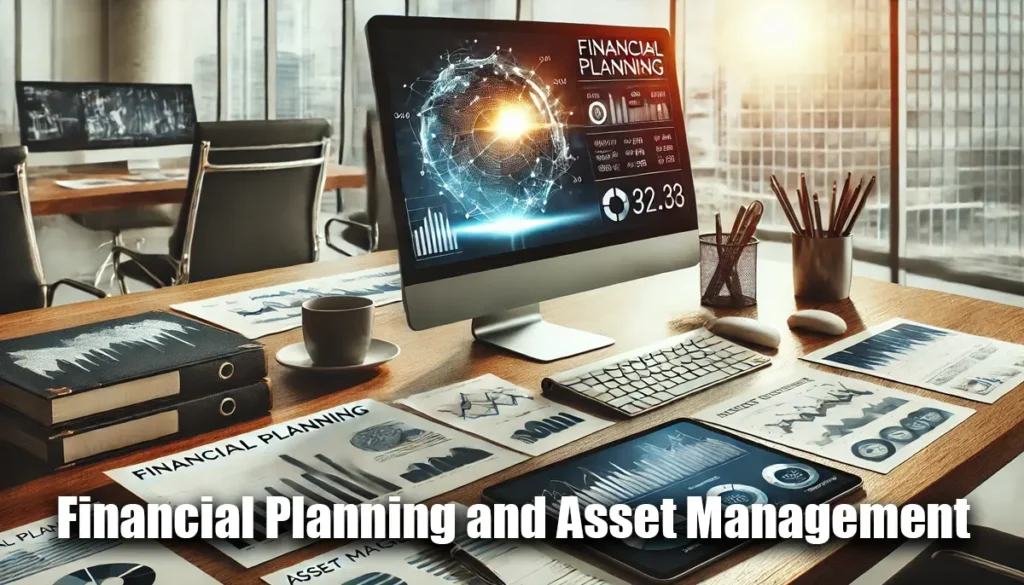 A computer displaying financial planning software, documents with charts, and a tablet showing investment strategies in a professional office setting.