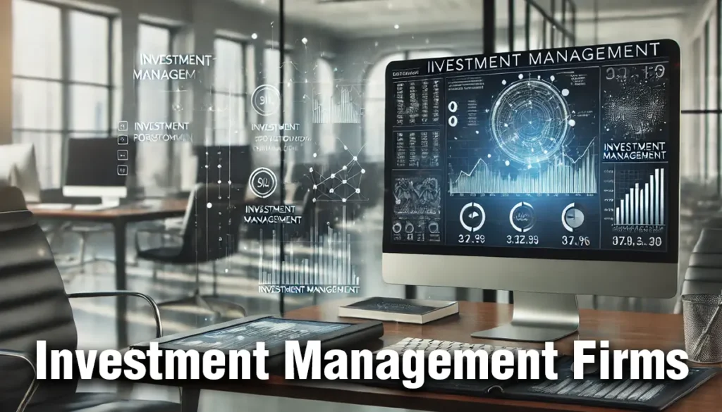 A computer screen displaying investment portfolio management software, documents, and financial charts in a modern office, symbolising services provided by investment management firms.