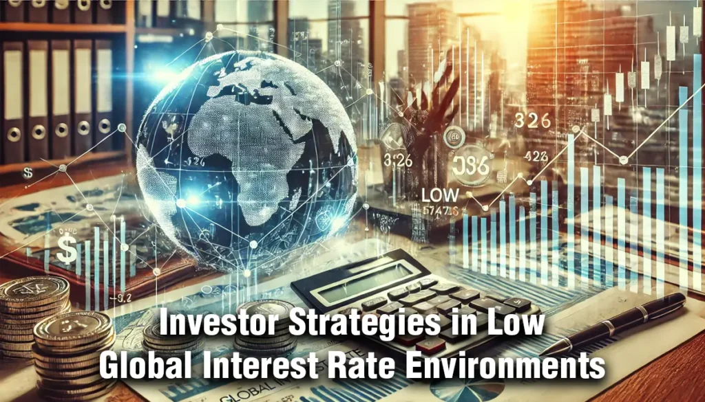 Financial charts, a calculator, and documents on a desk, symbolising investor strategies in a low global interest rate environment.