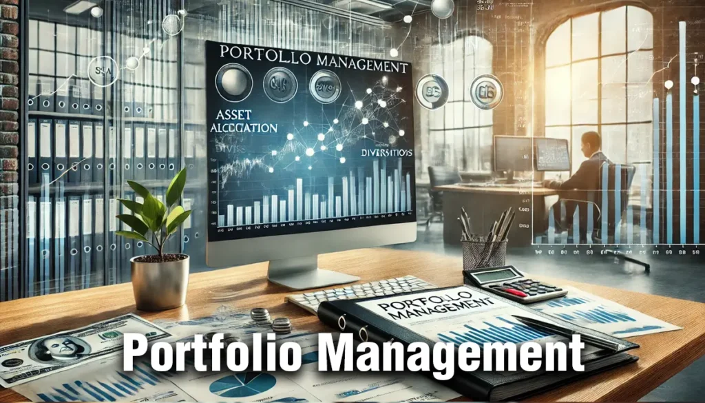 A computer displaying portfolio analysis software, financial documents, and charts showing asset allocation and diversification strategies, illustrating portfolio management.