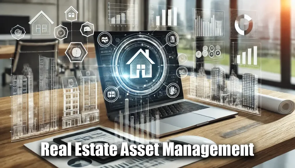 A computer displaying property management software, real estate performance data, and symbols of property assets like buildings or blueprints in a modern office.