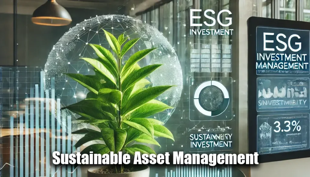 A computer displaying ESG investment data, sustainability documents, and a plant, symbolising sustainable asset management in a modern office.