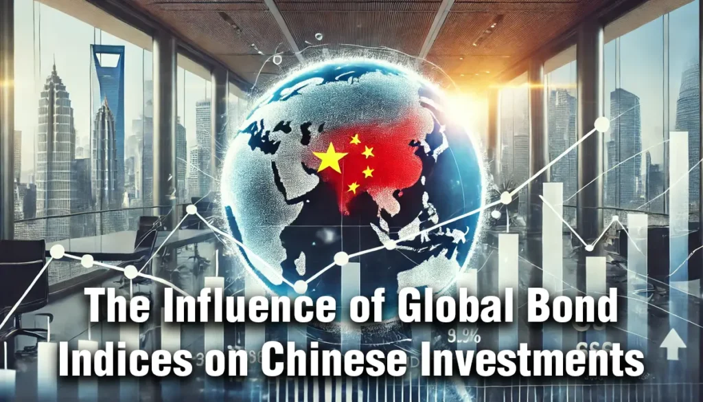 Financial charts, a globe, and a Chinese flag, symbolising the influence of global bond indices on Chinese investments.