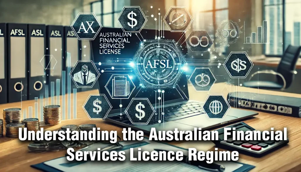 Legal documents and a computer displaying regulatory compliance software, representing the Australian Financial Services Licence regime.