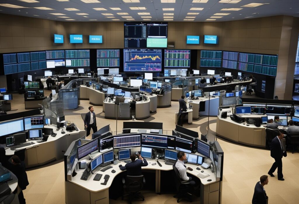 A bustling stock exchange floor with traders gesturing and shouting, surrounded by computer screens displaying graphs and financial data