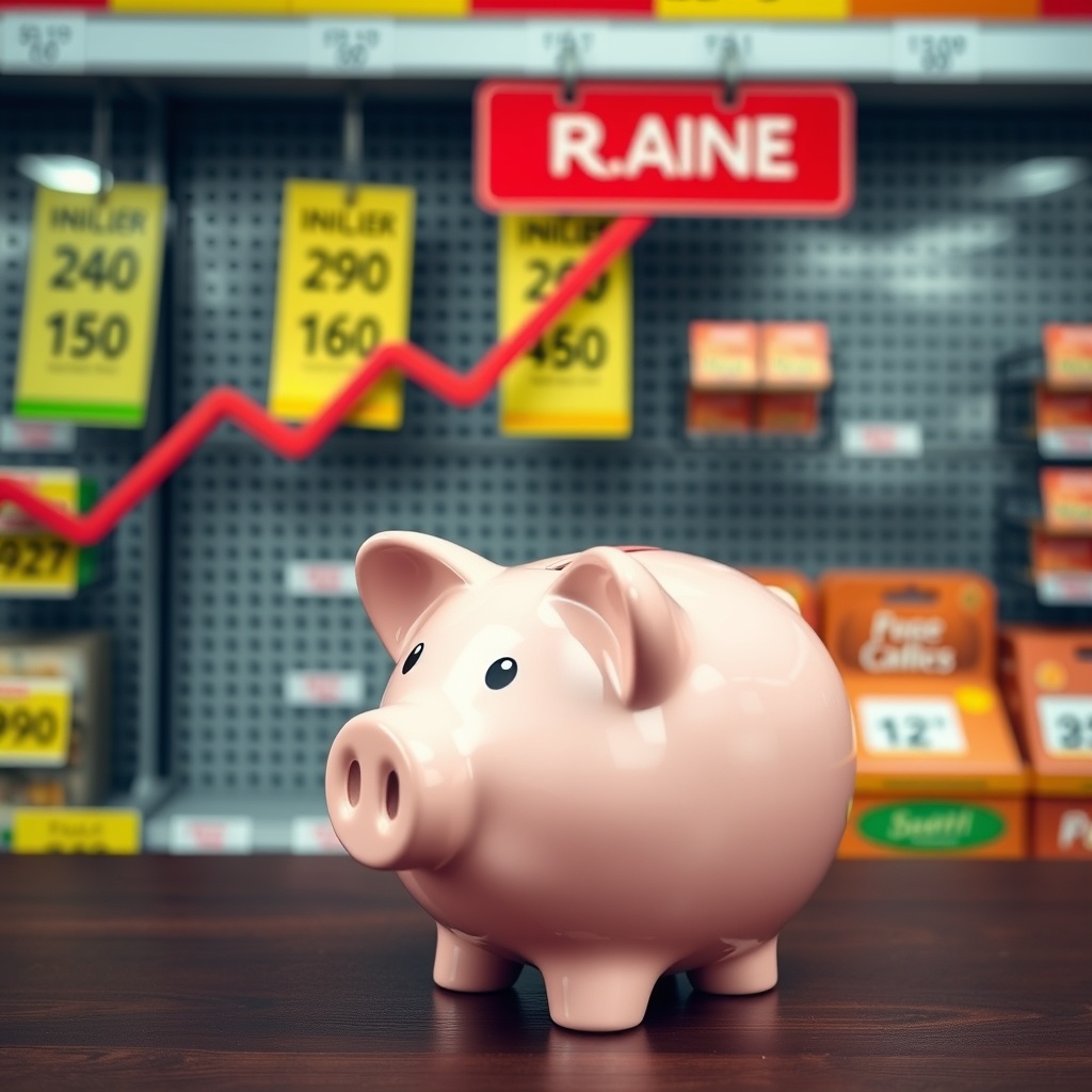 A professional stock photo showing the concept of inflation risk with a piggy bank and rising price tags in the background.