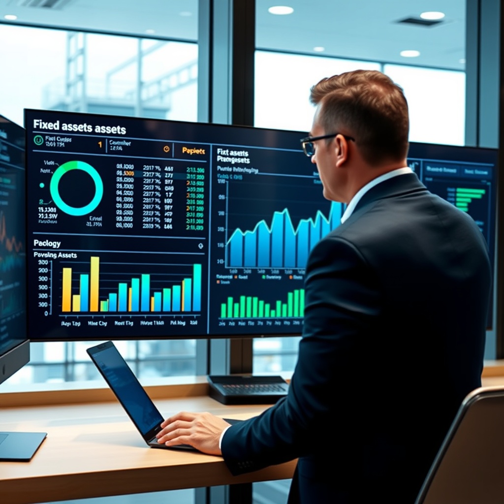A professional stock photo of investors analyzing a company's fixed assets on a digital dashboard, highlighting the importance of assets in investment decisions.