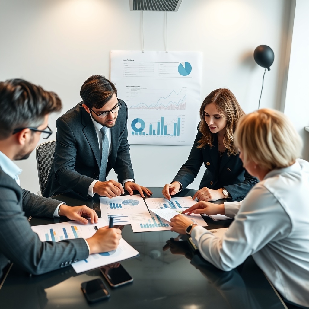 A professional stock photo of a business meeting with executives analyzing charts and graphs, symbolizing investment in fixed assets.