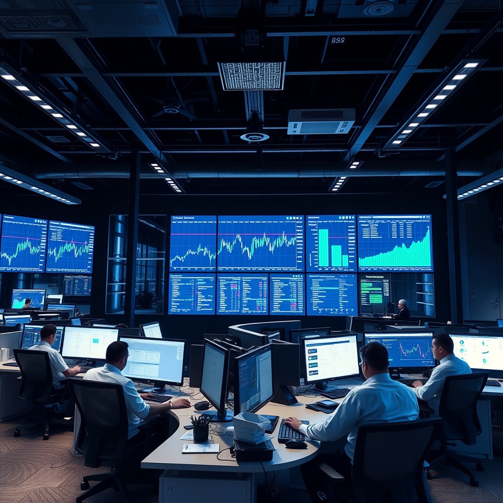 A professional stock photo of a high-tech investment management office with analysts working on computers and large screens displaying financial data.