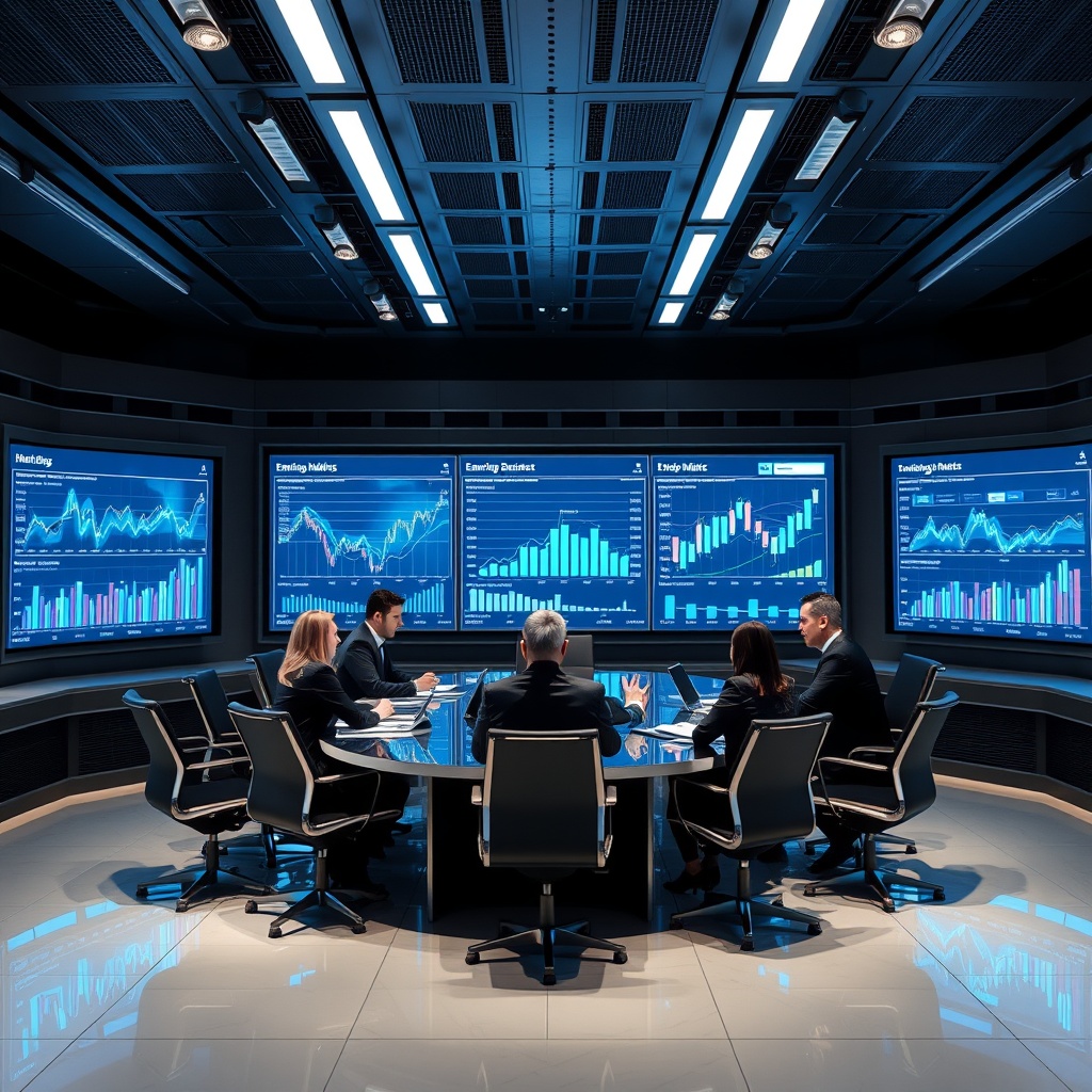 A professional stock photo of a futuristic boardroom with executives discussing strategic plans over digital displays showing emerging market trends.