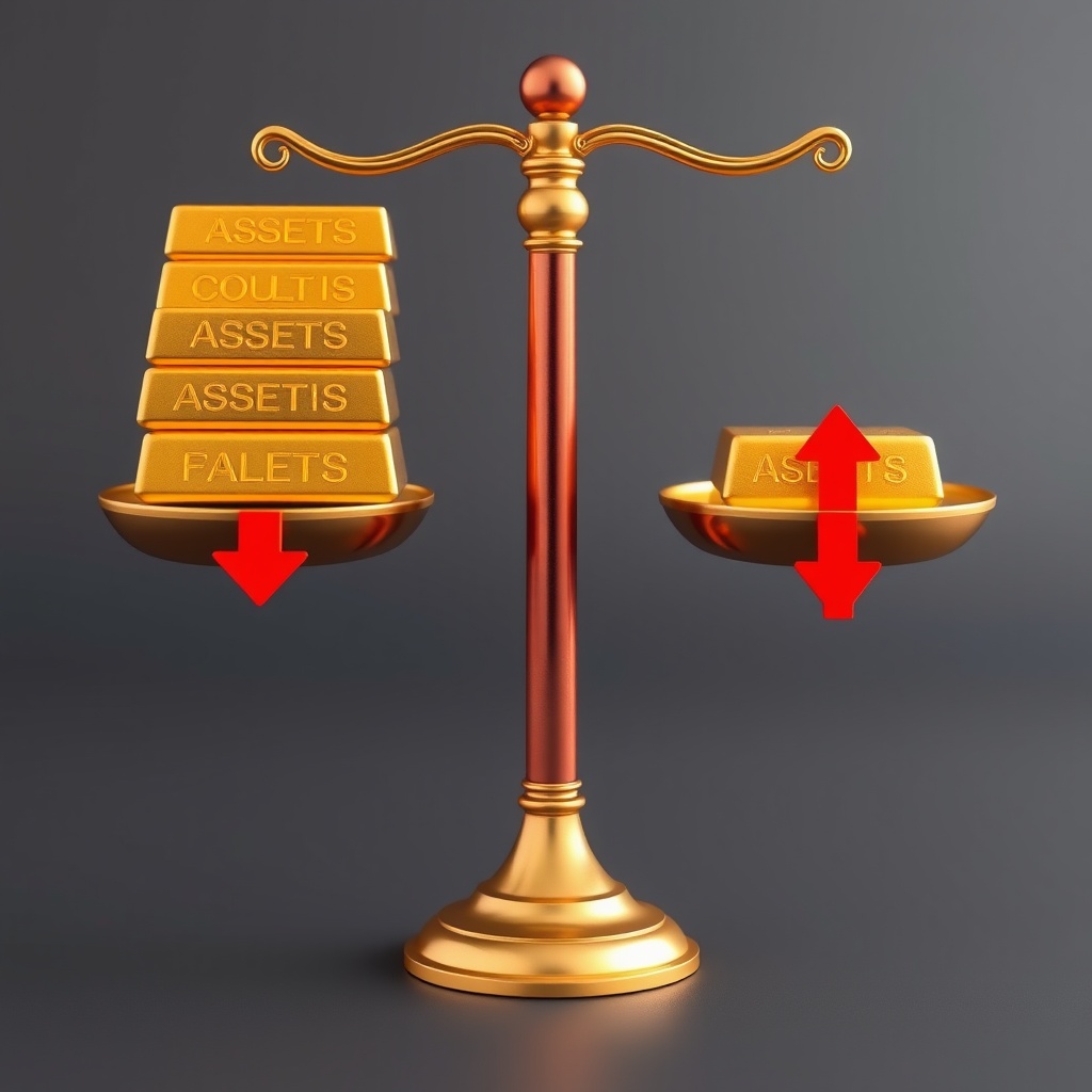 A conceptual stock photo featuring a balance scale with gold bars on one side (assets) and red downward arrows on the other (liabilities), symbolizing financial balance