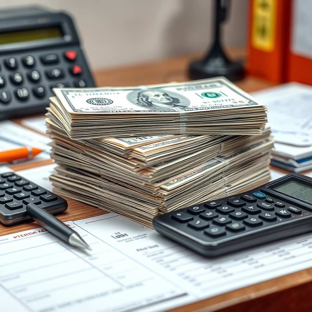 A stack of Chinese-issued U.S. dollar bonds on a desk with a calculator and pen, highlighting financial transactions.