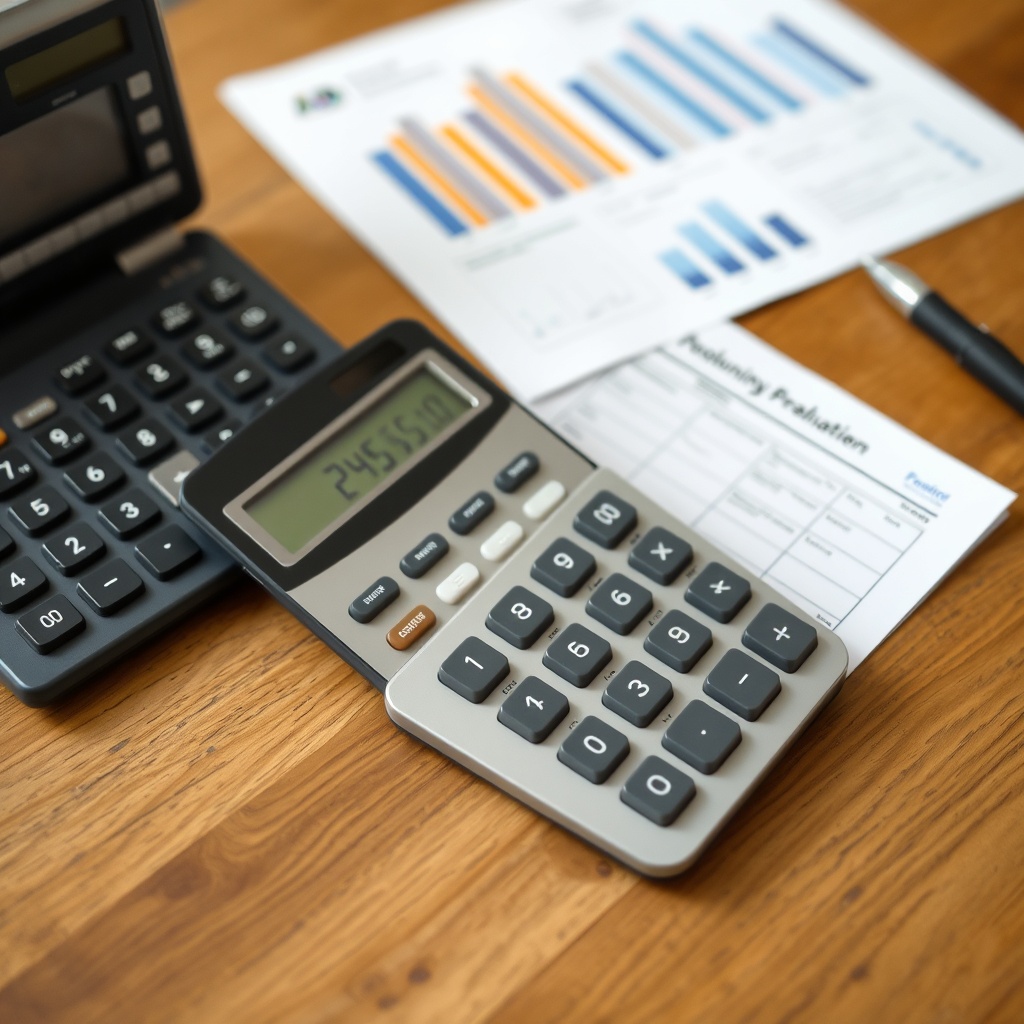 A professional stock photo of a calculator and financial documents on a wooden desk, symbolizing the calculation process