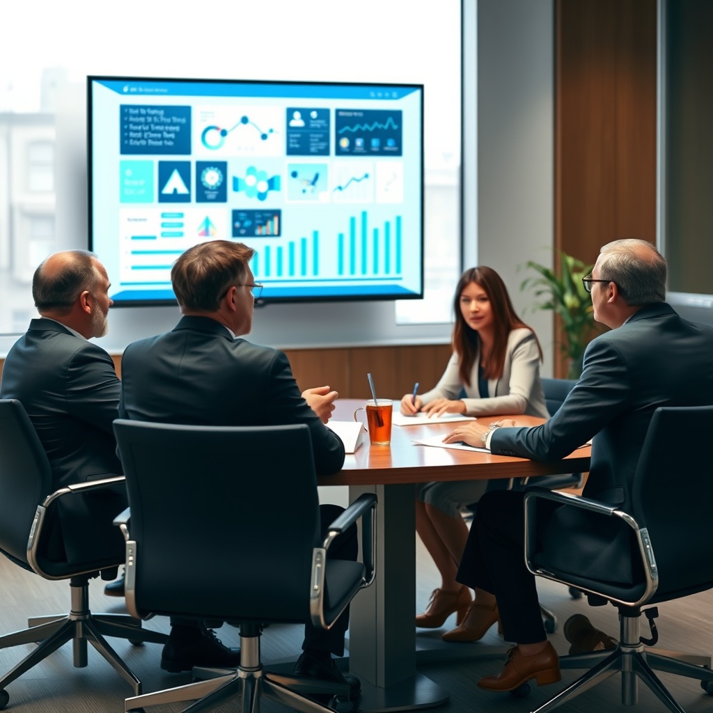A professional business meeting with executives discussing digital strategies, with digital assets displayed on a screen in the background.