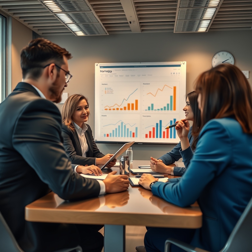 A professional stock photo of a business meeting where team members are discussing strategies with charts and graphs in the background, focusing on increasing current assets through smart business decisions.