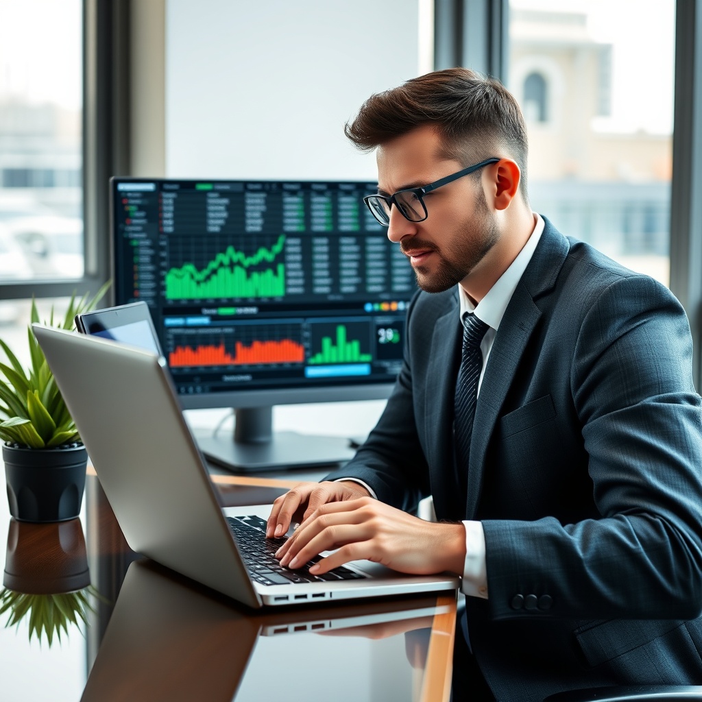 A professional image of a financial analyst working on a laptop with advanced financial software, analyzing rate of return on assets data.
