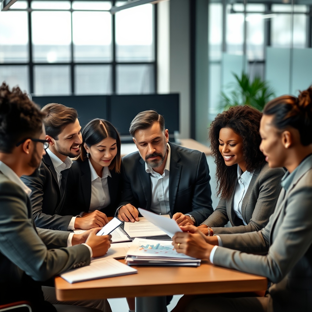 A group of diverse business professionals discussing financial reports and rate of return on assets calculations in a modern office setting.