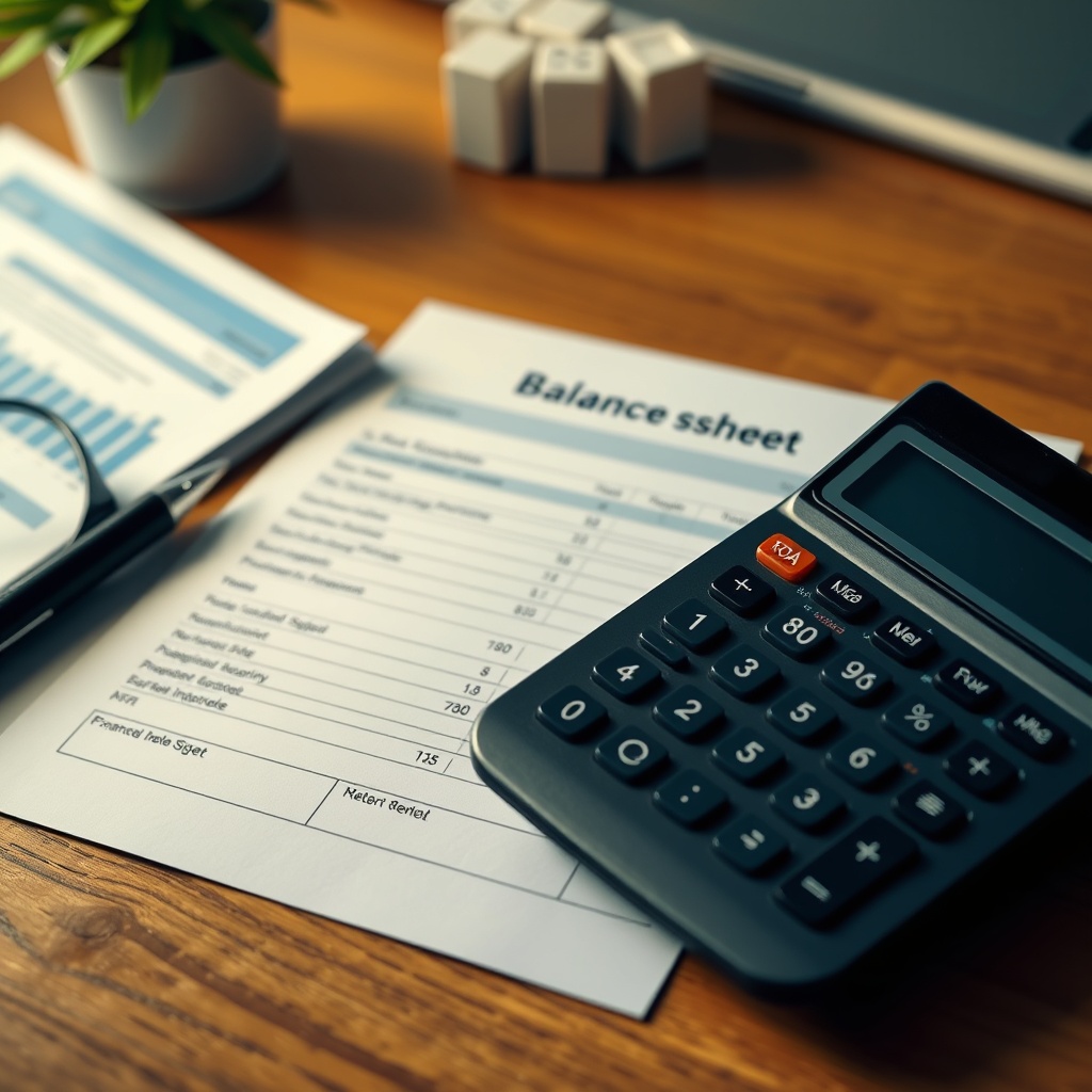 A professional stock photo showing a balance sheet and calculator on a wooden desk, symbolizing financial analysis and ROA calculation.