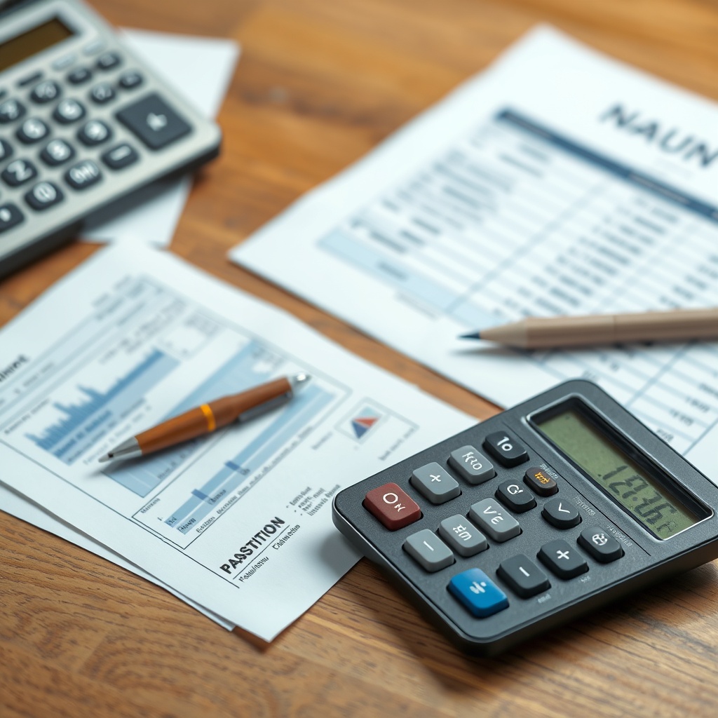 A professional stock photo of a calculator and financial documents on a wooden desk, symbolizing financial calculation and analysis.