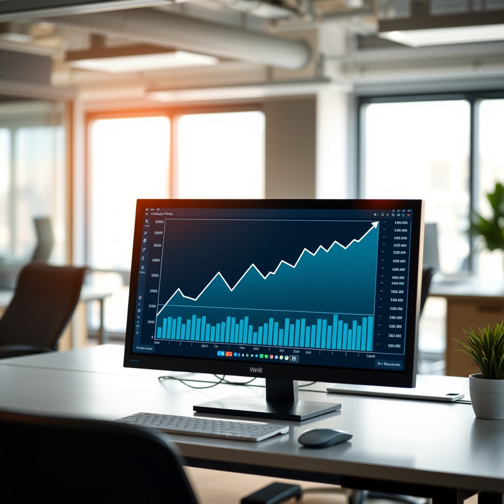 A high-quality stock image of a graph trending upwards on a computer screen in a modern office, representing positive financial performance.