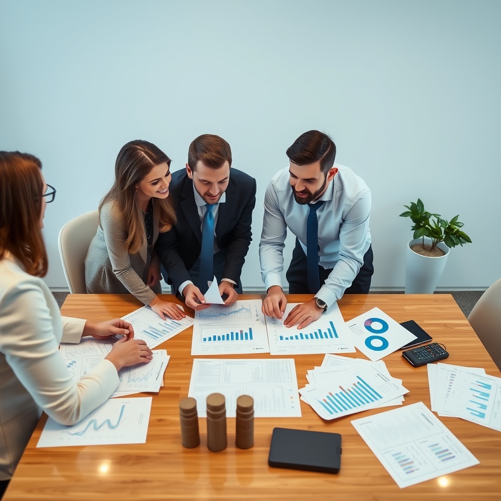 A professional stock photo of a group of investors discussing over a table with financial charts and documents spread out, symbolizing investment decision-making.