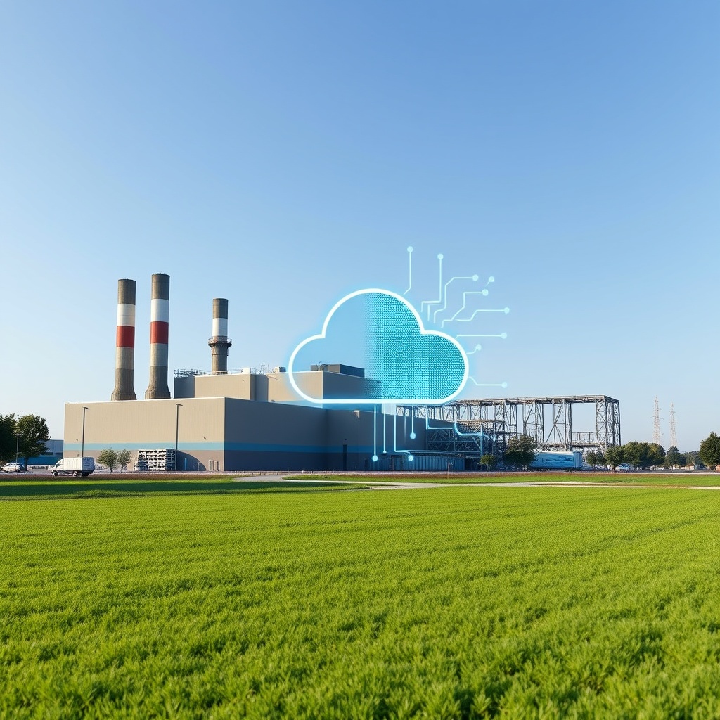 A high-quality stock image contrasting a factory building (tangible asset) with a digital cloud computing icon (intangible asset) on a clean background.