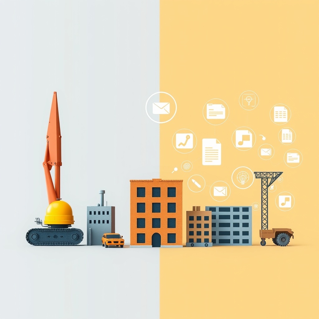 A professional stock photo illustrating the contrast between tangible assets like machinery and buildings and intangible assets represented by digital icons or documents, highlighting the difference.