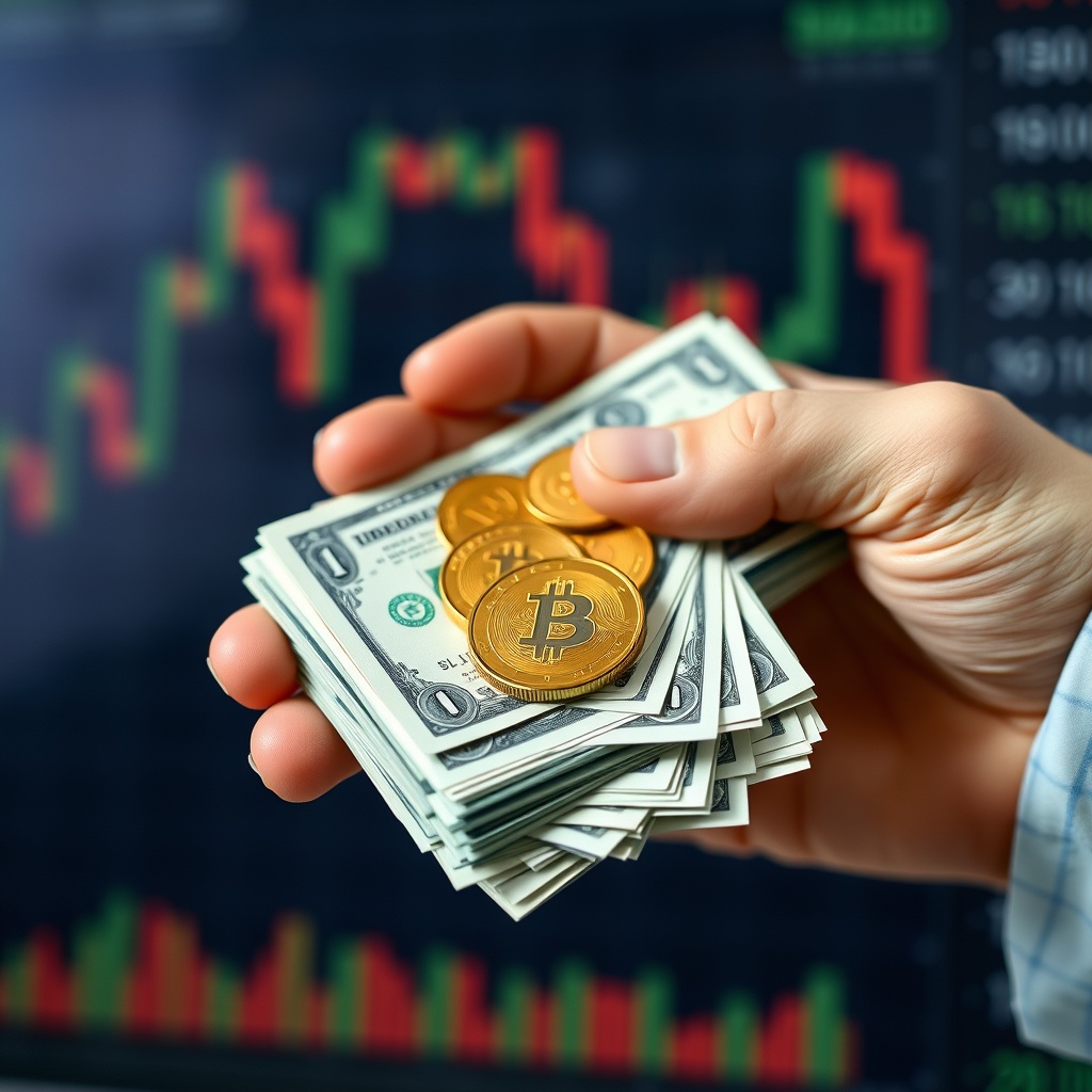 A professional stock photo of a hand holding a stack of cash and a few gold coins, symbolizing cash and cash equivalents, with a blurred financial chart in the background.
