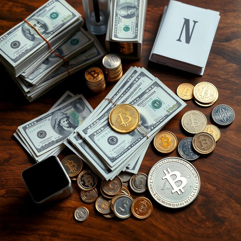 A professional stock photo showing a variety of financial assets like cash, stocks, bonds, and digital currencies arranged neatly on a wooden table.