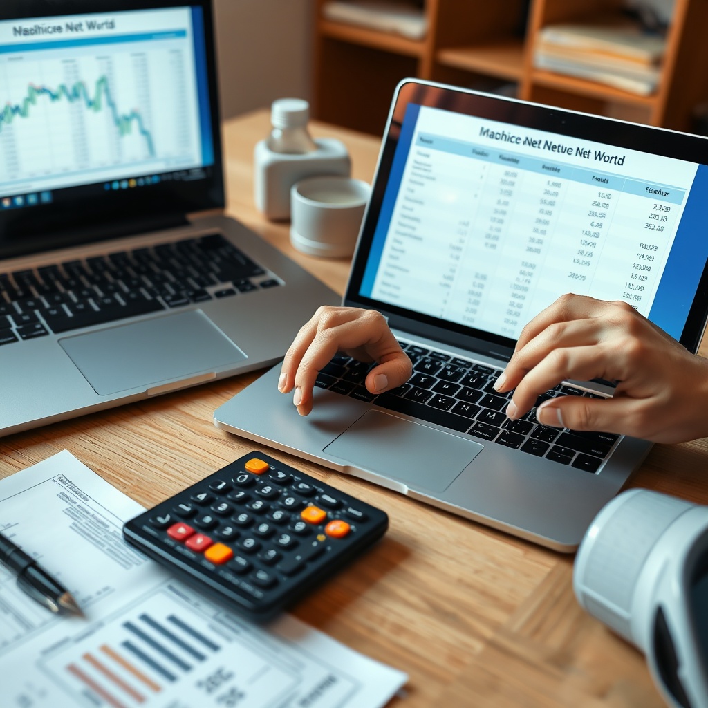 A professional stock photo of a person calculating net worth on a laptop with financial statements and a calculator on the desk.