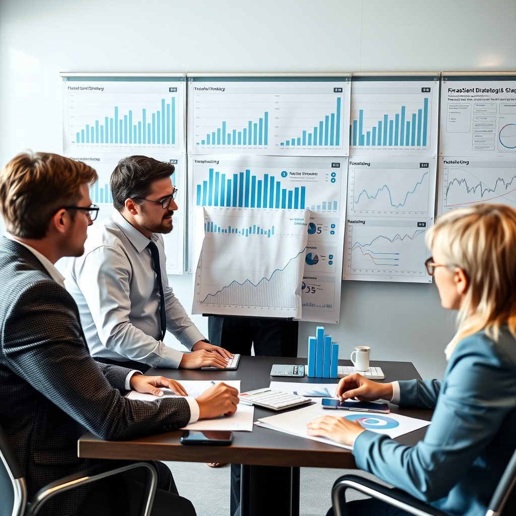 A professional stock photo depicting a strategic meeting with financial analysts discussing investment strategies over charts and graphs.